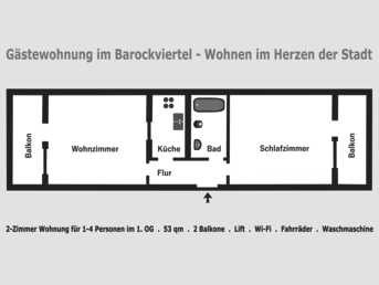 Grundriss der Ferienwohnung AUGUST im Stadtzentrum Dresden | Graphik: Andreas Bley