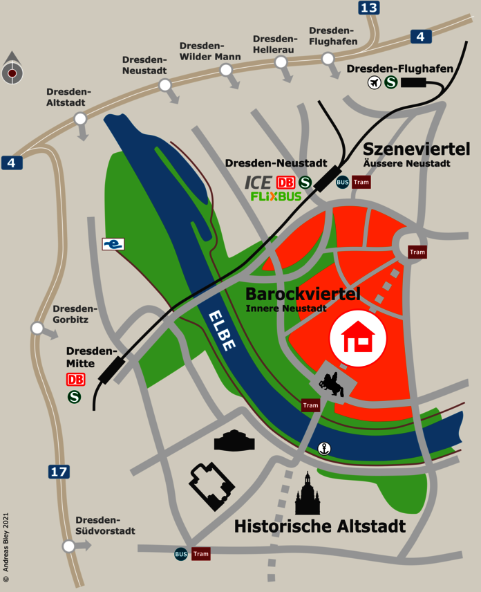 Dresdner Barockviertel mit sehr guter Anbindung zu Autobahn, Bahn, Fernbus und öffentlichem Nahverkehr